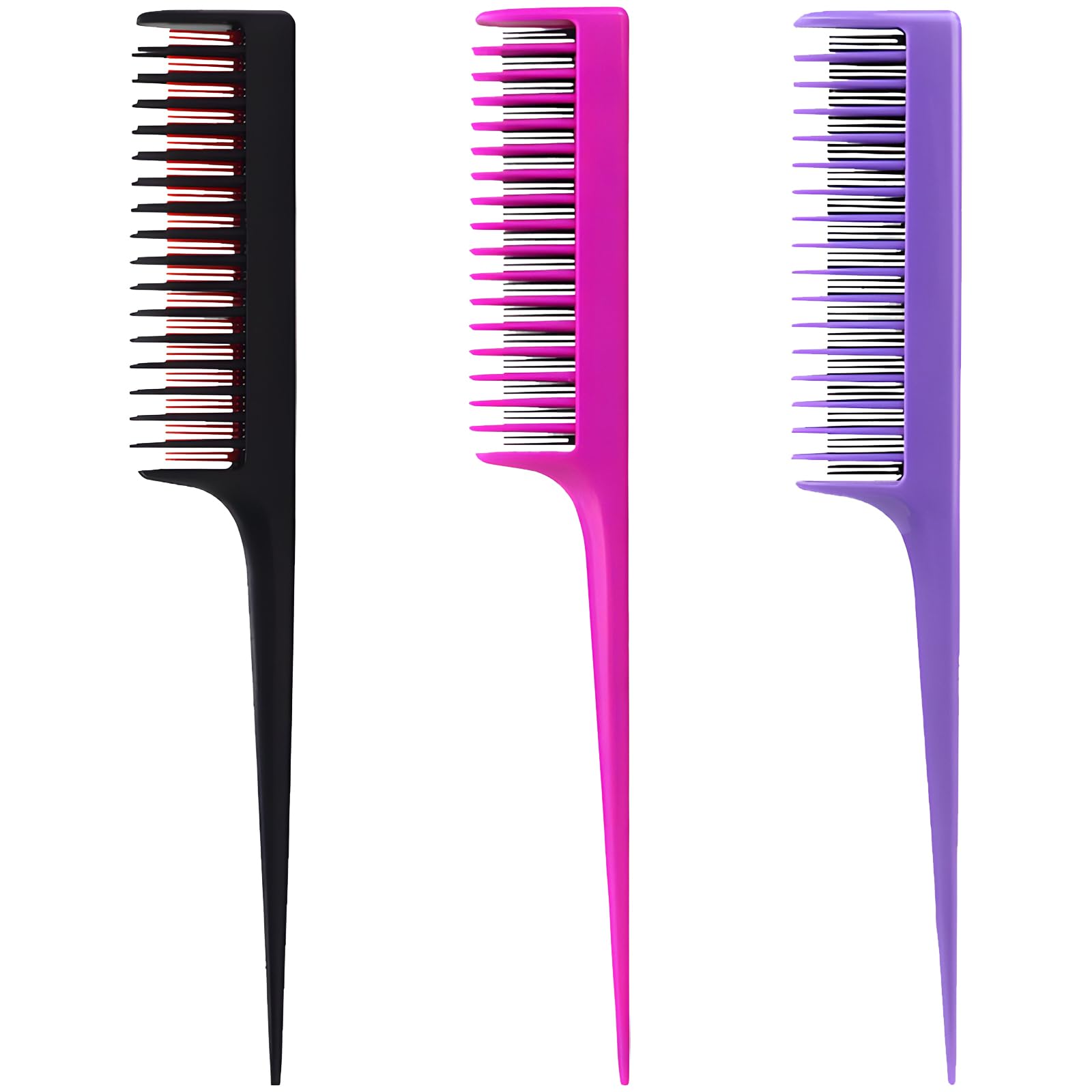 Paquete de 3 peines profesionales para la cola para bromas de raíces para tipos de cabello fino y normal, para añadir volumen, peine para mujeres y hombres, 8.15 pulgadas, negro, magenta y morado