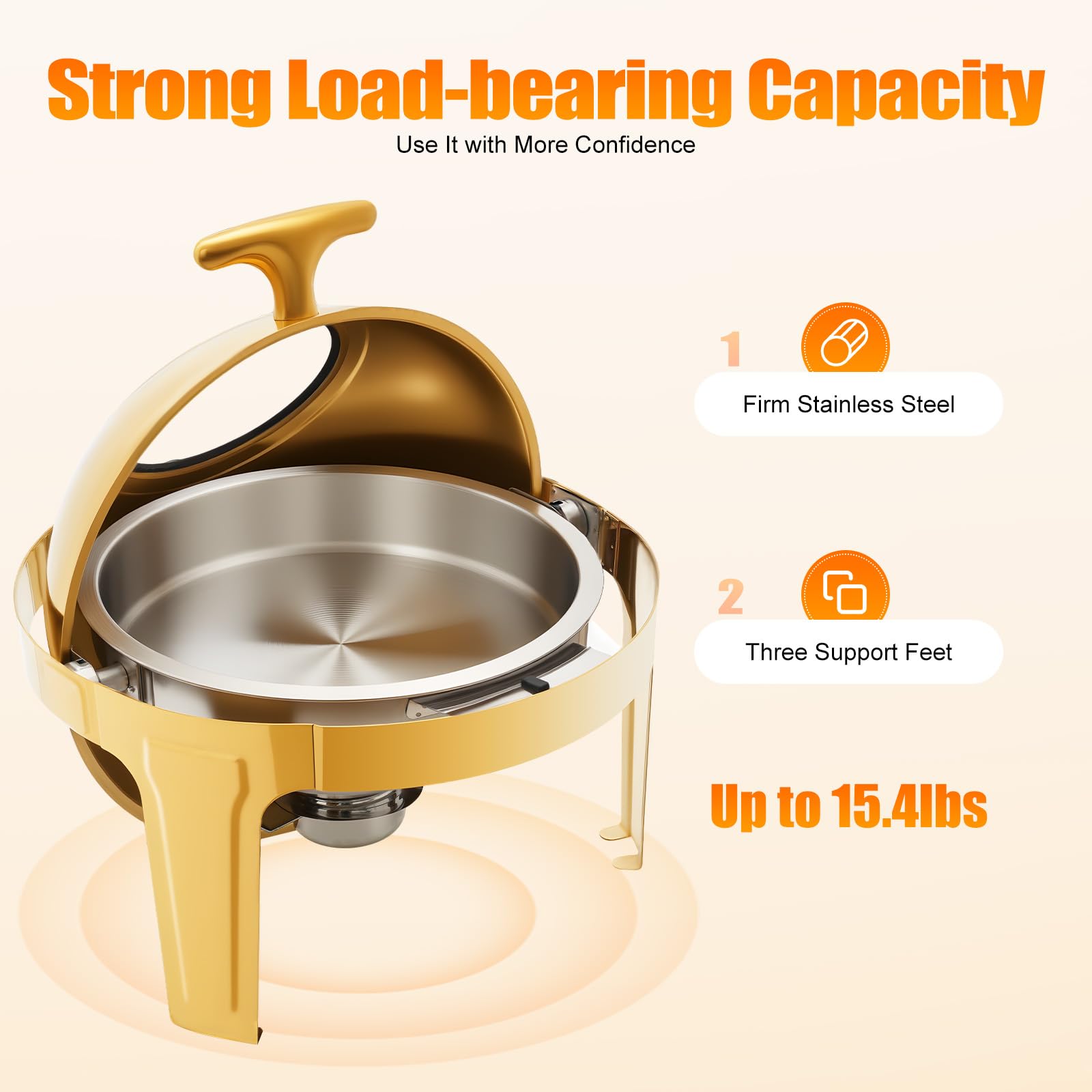 Chafing Dishes Set per buffet con top arrotolabile, oro, scaldavivande rotonde, in acciaio inox, set da buffet, coperchio a vista, per catering, eventi, feste, matrimoni