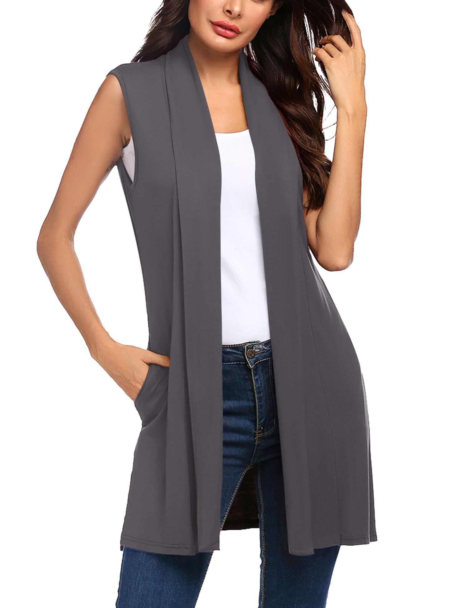 Beyove Womens Long Vests Sleeveless Draped Lightweight Open Front Cardigan Layering Vest with Side Pockets
