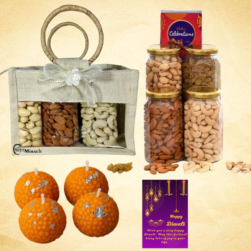 Image of NUTRI MIRACLE Diwali Gift Hamper with Dry Fruits Chocolates Nuts Laddu Candles for Clients