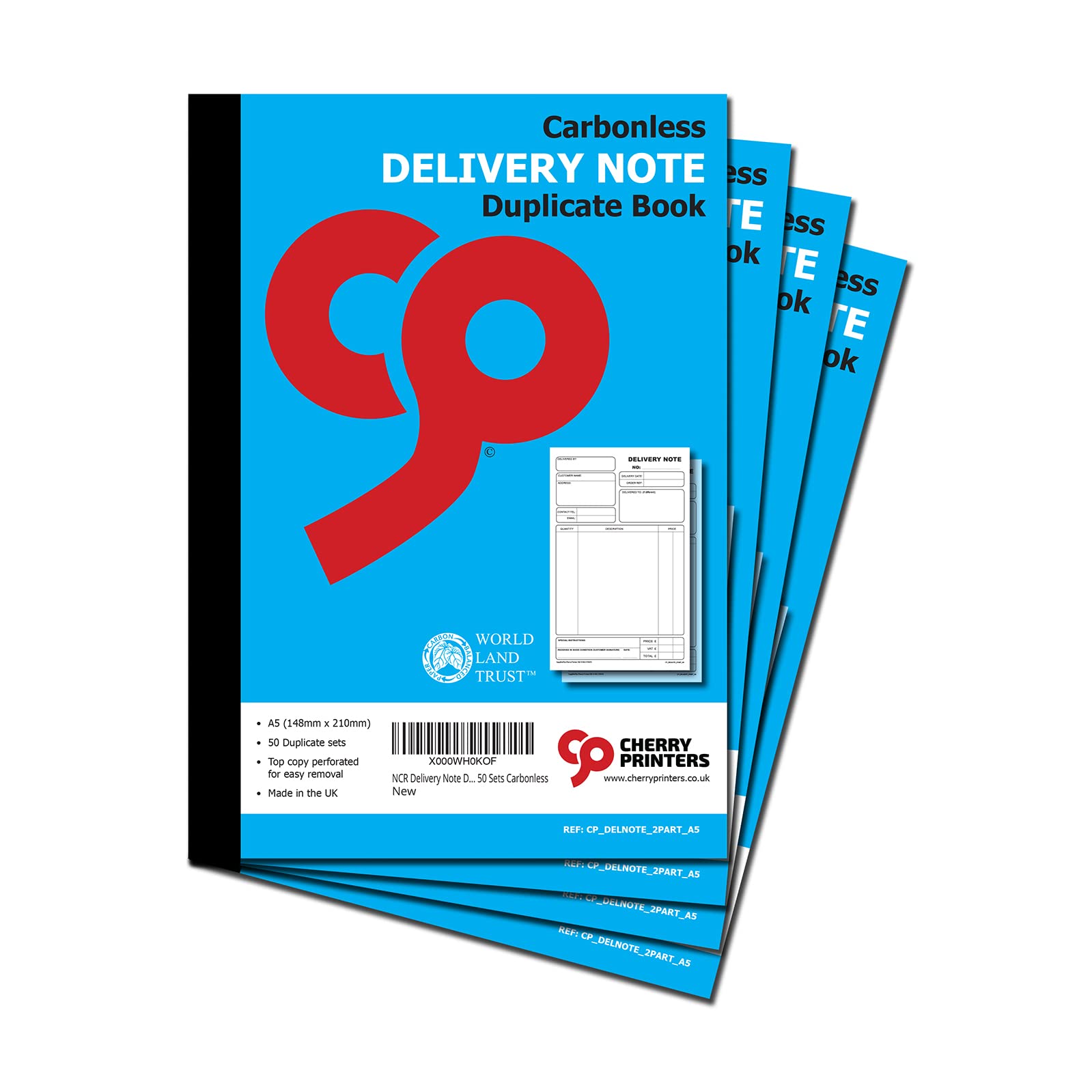 Cherry Carbonless (NCR) Delivery Note Duplicate Book A5 50 Delivery Note Receipts per Book with Space for VAT Customisable Delivery Number and Order Reference **4 Pack**