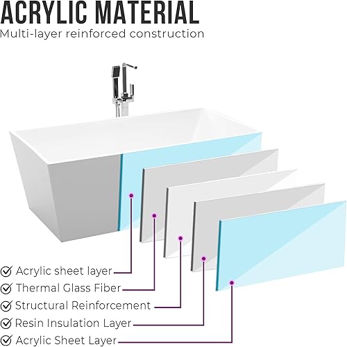 Miniatura 5 de Vanity Art Bañera independiente de acrílico blanco de 59 x 29 pulgadas  Tina de remojo de diseño contemporáneo con drenaje emergente y