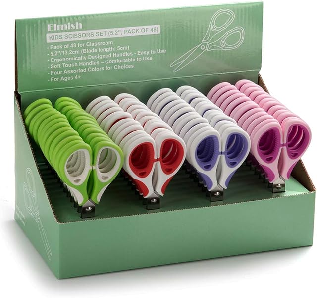 Elmish Kids Scissors (48 Count Teacher Pack, Rounded-tip, 5.2 Inch) - 5.2 Soft Touch Blunt School Student Scissors Shears EM-005-A1