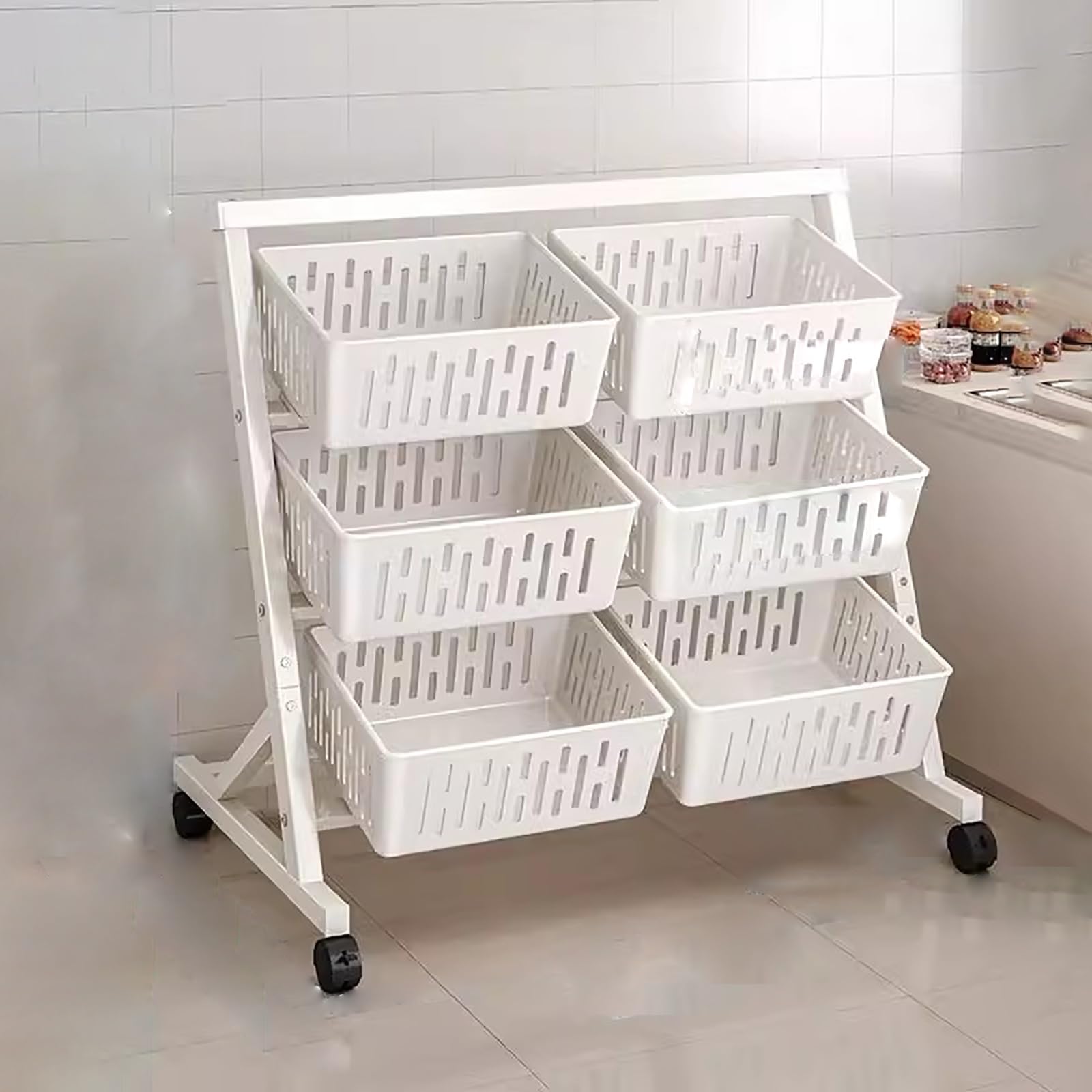 JYHHCYS 96cm Tall Rolling Storage Cart Organizer on Wheel - Vegetable Storage Rack with Large 6 Pcs Baskets - Freestanding Supermarket Shelf Store Up Onion, Potato, Chips(White)