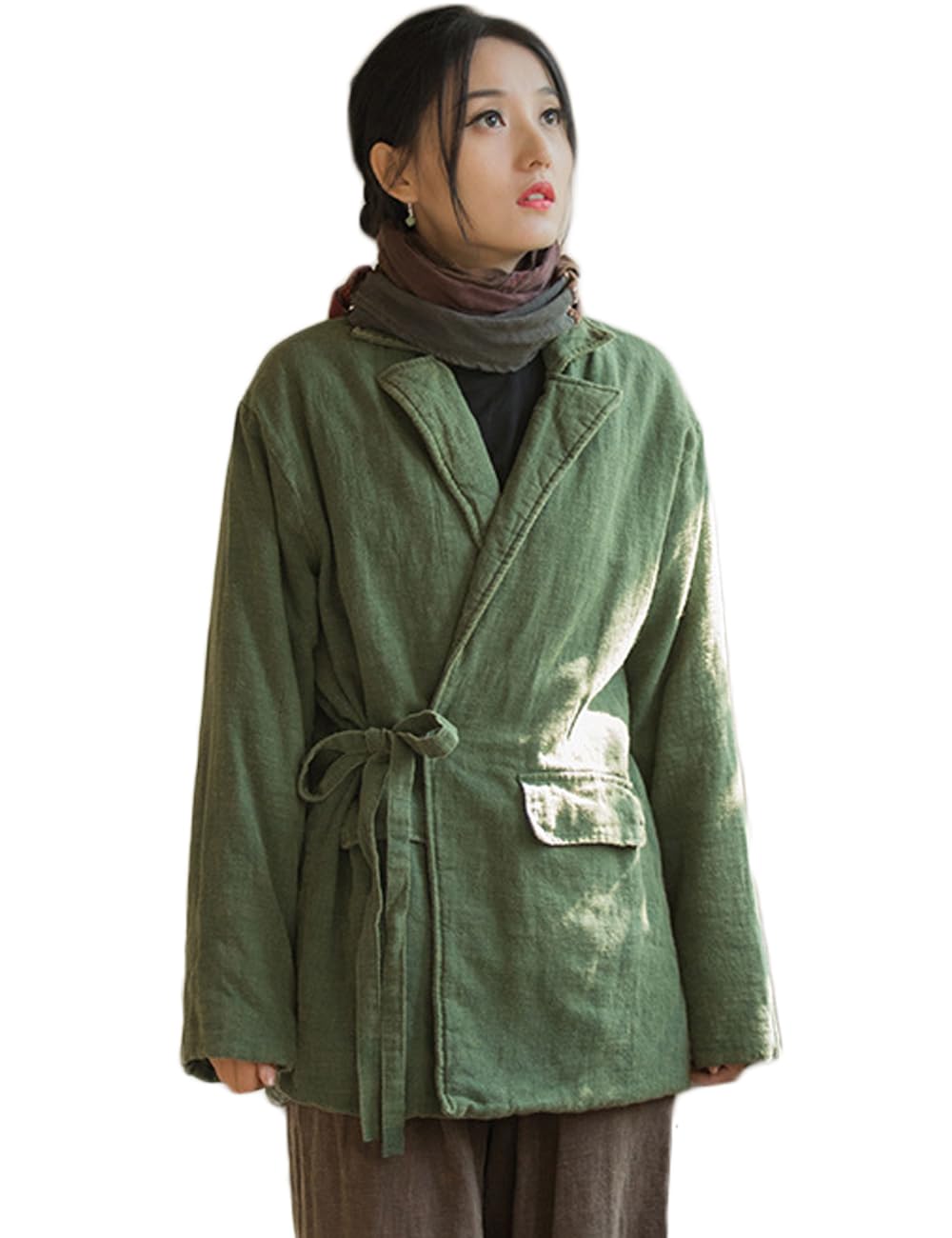 NFYM Womens Linen Suit Quilted Coat Jackets Blazer Notch Lapel Fall Winter Wrap Tie Front Loose Outerwear