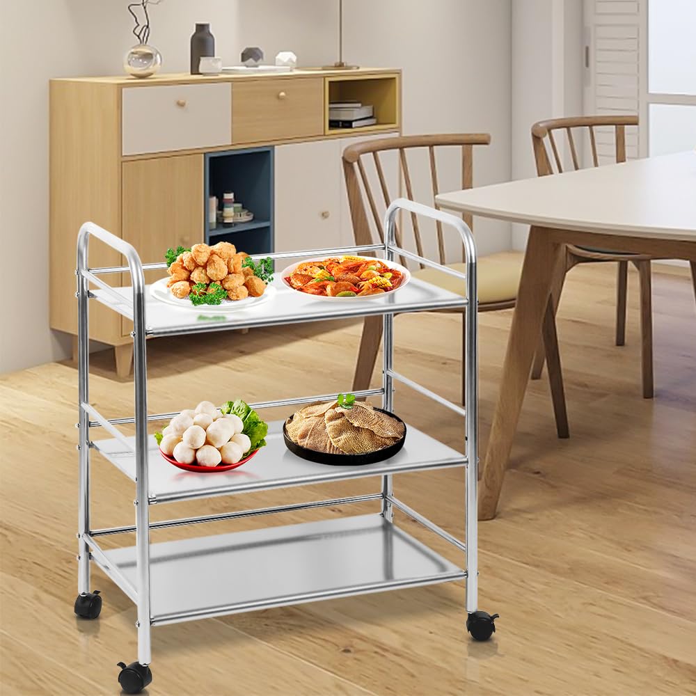 XANNI Carrello di servizio in acciaio inossidabile, carrello da laboratorio a 3 livelli con recinzione, con 4 ruote girevoli e freni di parcheggio, 61 x 36 x 75 cm