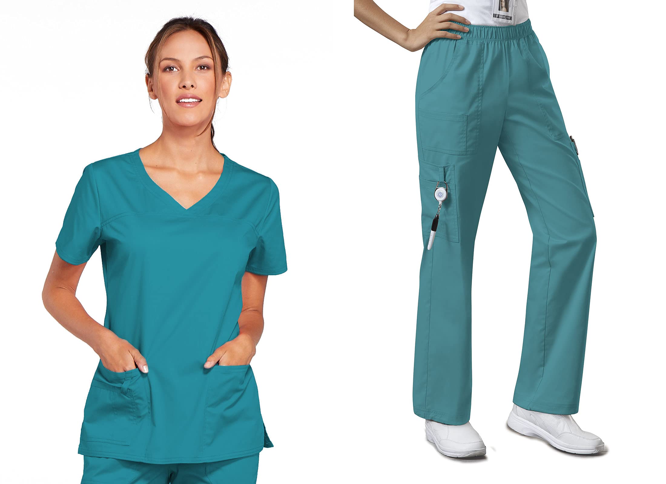 cherokeeWomen Scrubs Set Workwear Core Stretch 4727 V-Neck Top & 4005P Mid Rise Pull-On Cargo Pant, Teal Blue- XS Top / XXS Petite Pant