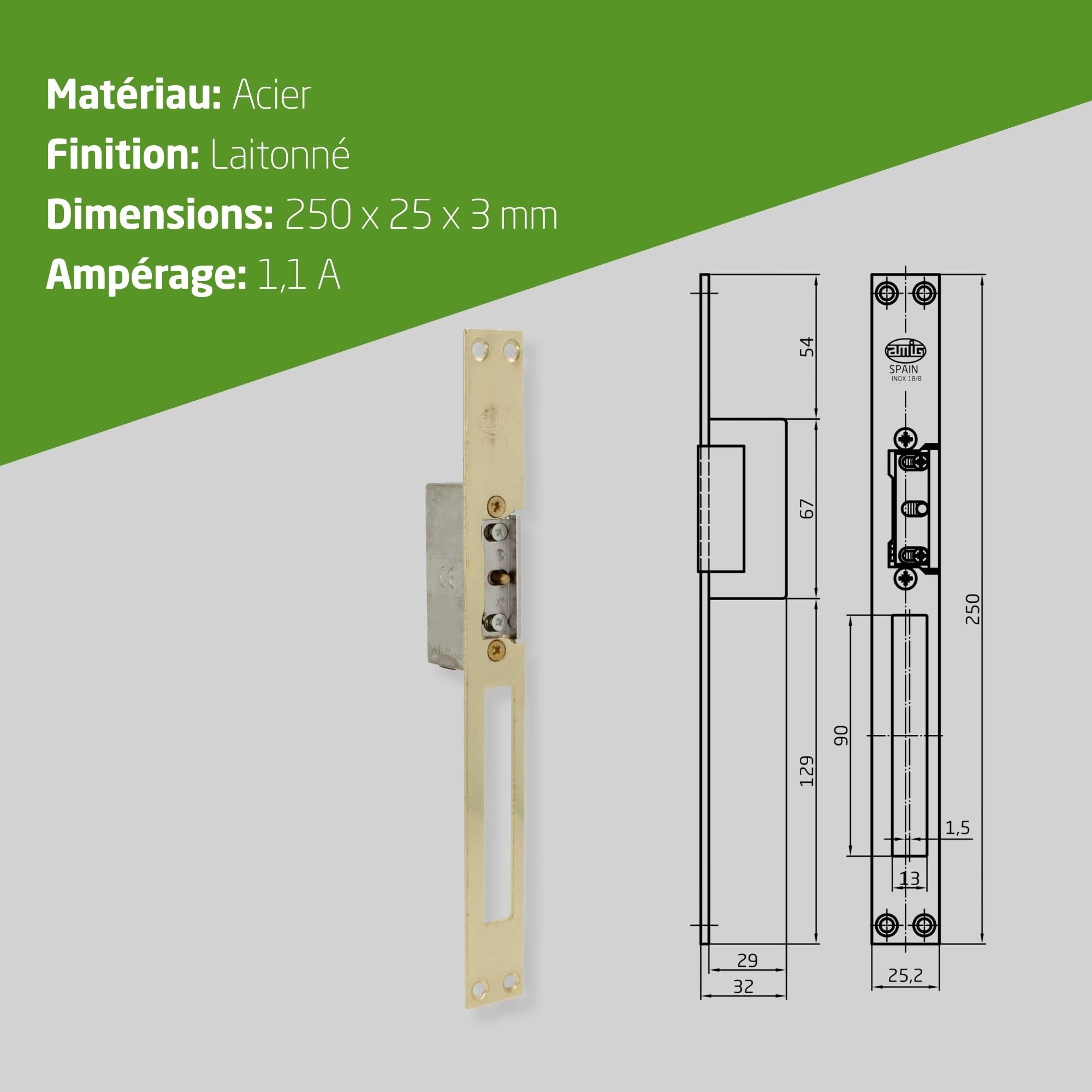 Amig - Gâche électrique encastrable pour contrôle d’accès - Compatible avec pêne demi-tour européen 13 mm - Têtière 250 x 25 mm - Acier laitonné verni - Doré - 8-12 V AC/DC - Mod. 20 avec inhibiteur