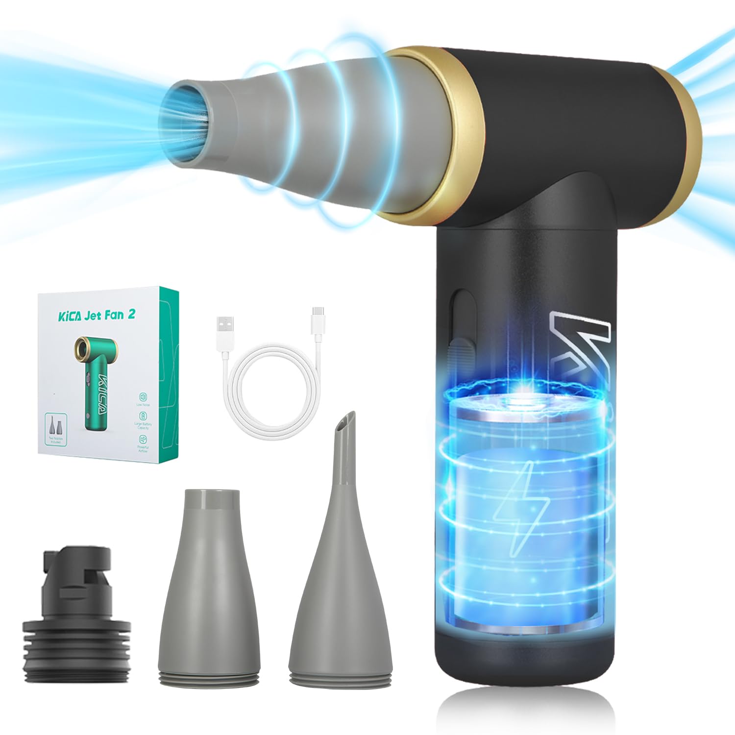 JetFan 2 Electric Compressed Air Duster Cleaner, Rechargeable Battery,Powerful 101,000 RPM, Cordless Air Duster for PC, Laptop, Keyboard, Electronics, Home Cleaning, Black