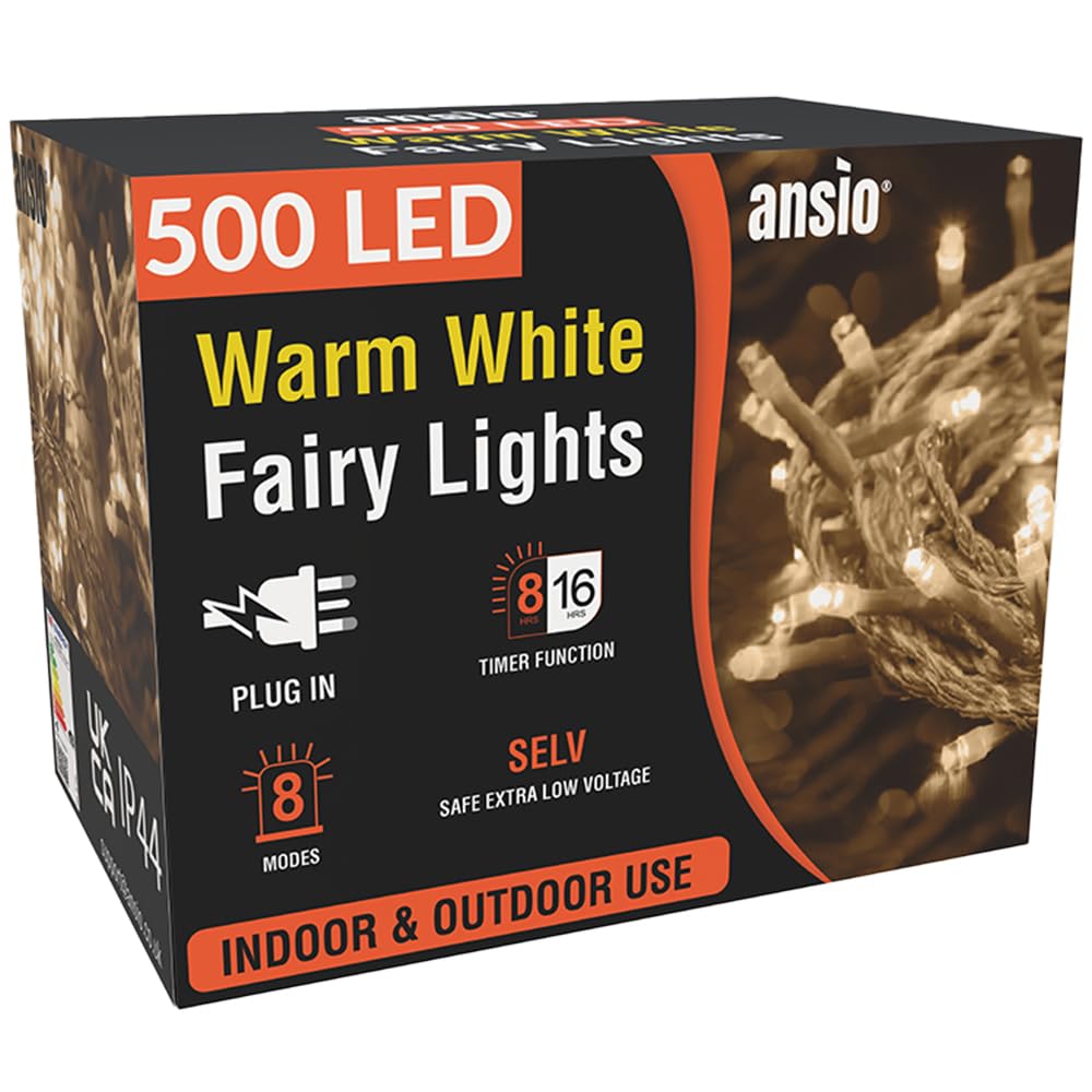 Ansio Warm White Ansio® Christmas Lights 500 Led 50M/164Ft Christmas Tree Lights For Indoor & Outdoor Decorations Fairy String Lights With Timer For Xmas Garden Bedroom & Party | Mains Powered Clear Cable