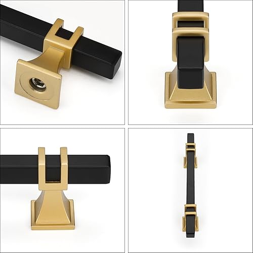 Miniatura 2 de Haliwu Paquete de 10 tiradores de gabinete negros y dorados, manijas de cocina de 4 pulgadas, herrajes cuadrados para cajones de aparador