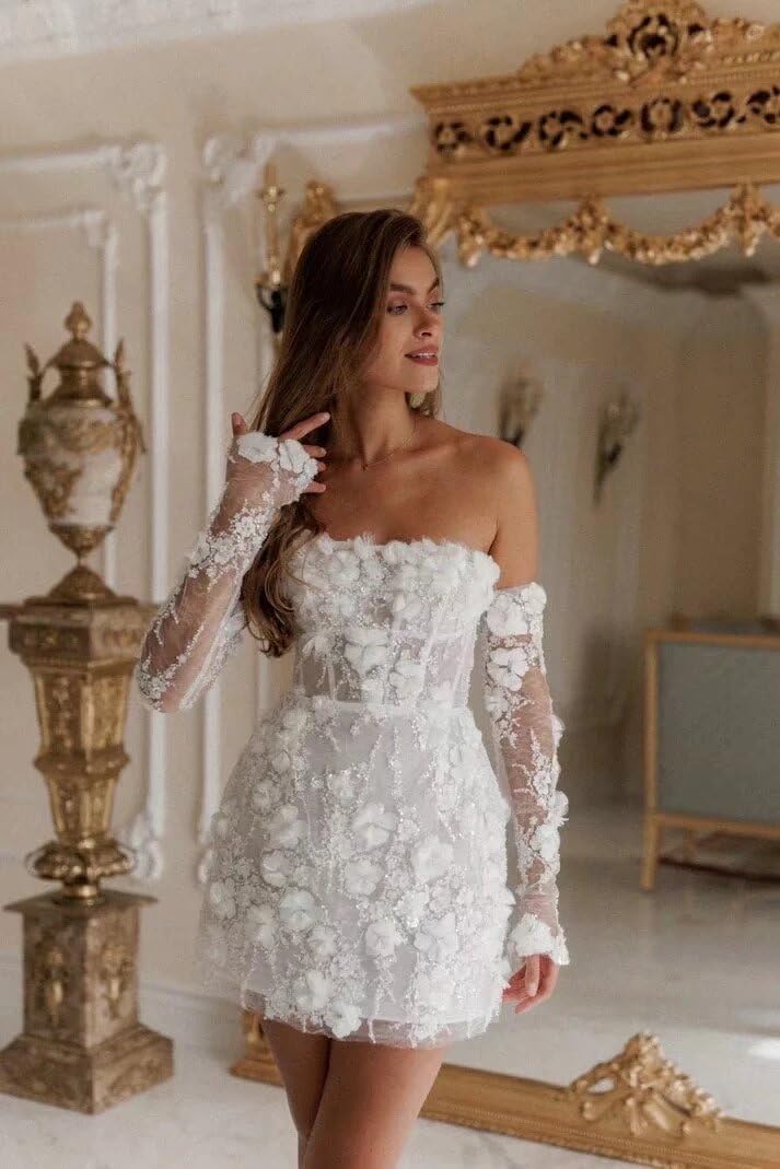 Smileven Short Wedding Dresses for Bride 2025 Lace Mini Formal Bridal Gowns with Sleeves