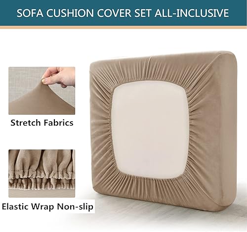 Miniatura 7 de Juego de fundas de cojín para asiento de sofá, fundas de cojín de terciopelo elástico, fundas de cojín de repuesto para cojines individuales con