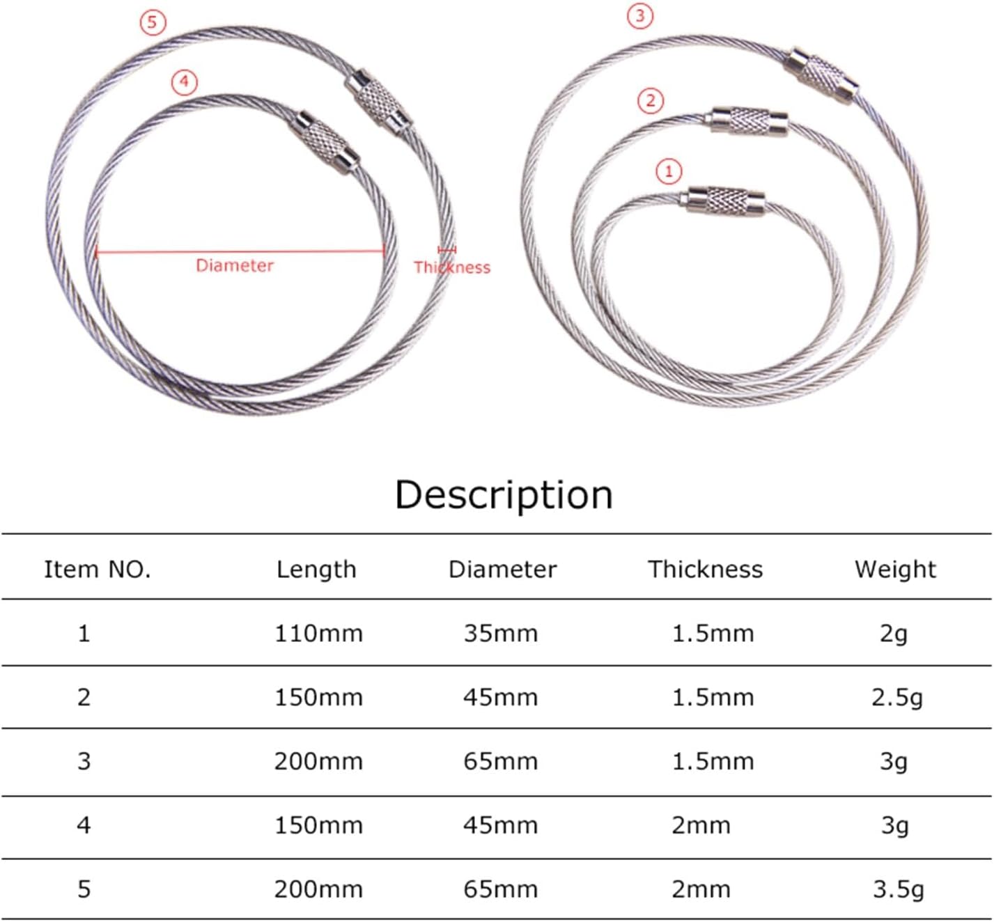 Cable Keychains, Large Keychain, Loop for Keychain, 10 Pcs/Lot, 6 Sizes, Stainless Steel Wire Cable, Holder for with Lock