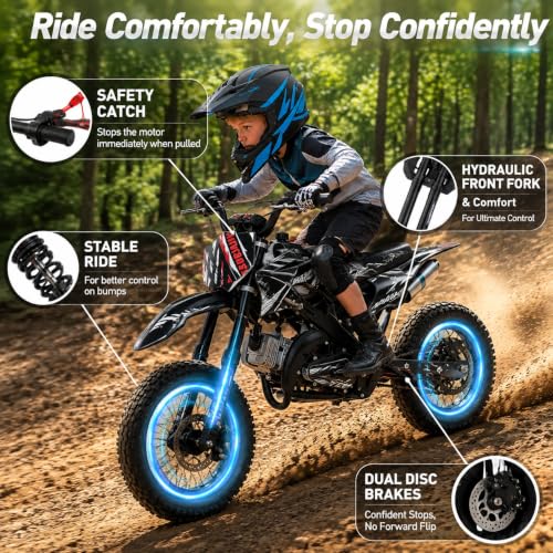 Image of 50cc Dirt Bike, 2 Stroke Gas Mini Bike for Kids 8-15 with Front Rear Disc Brakes