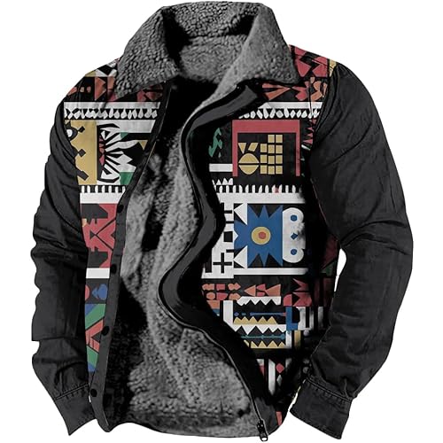 Men's Western Ethnic Fleece Lined Jackets Retro Art Geometry Print Coats Casual Zip Up Stand Collar Jacket