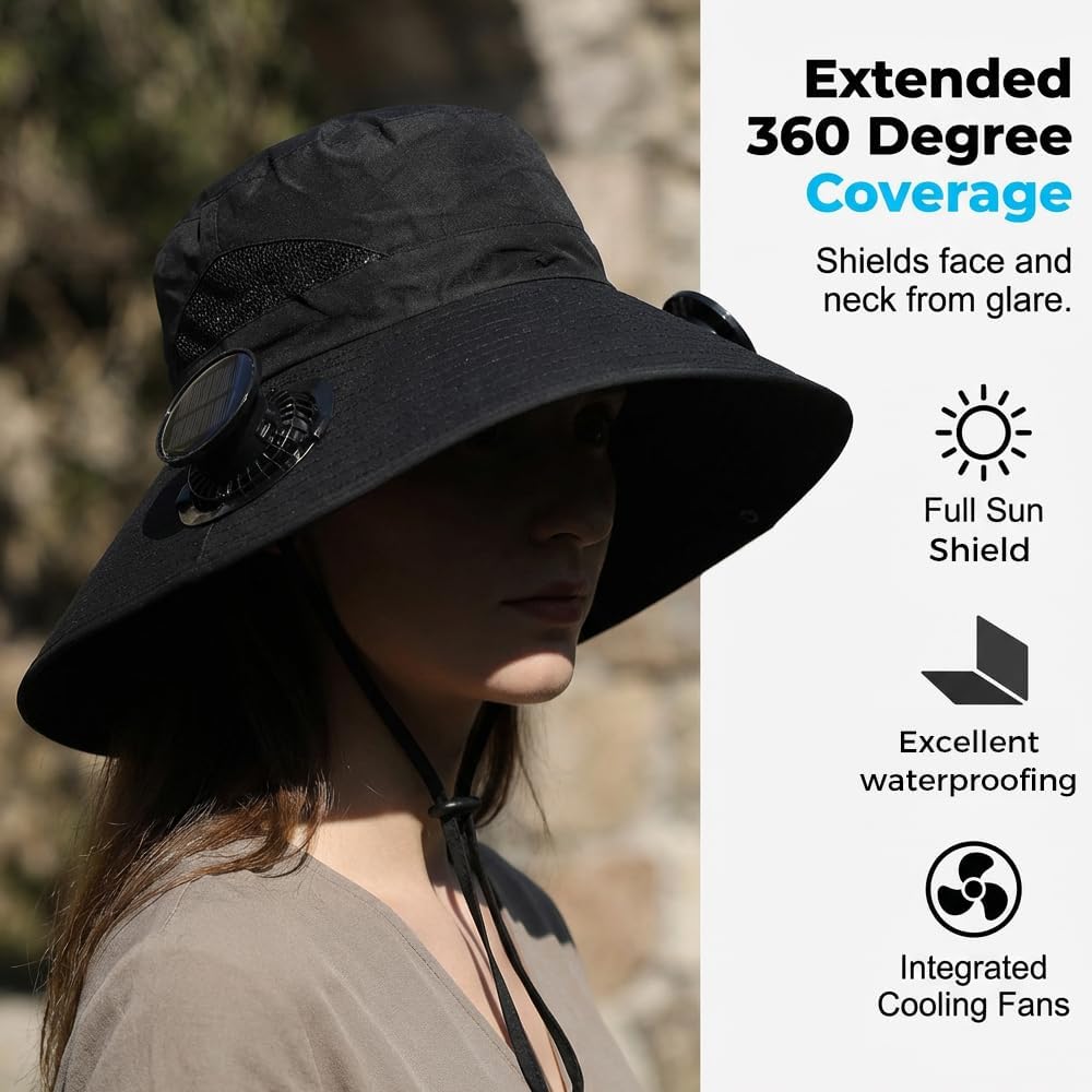 Ultralight Solar Fan Sun Hat, Wide Brim Solar Fan Outdoor Fishing Hat with 2 Fans, UPF 50+ UV Protection