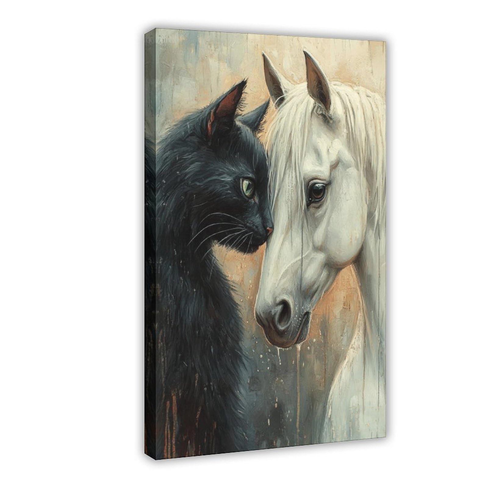Qnvjqkdsi Frame Black Cat And White Horse Portrait, Animal Friendship Art Canvas Poster Bedroom Decor Landscape Office Room Decor Gift 12" L X 18" W