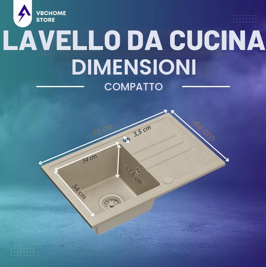 VBChome Lavello da Incasso in Granito Beige 70 x 44 cm – Lavello Singolo Reversibile con Rubinetto e Sifone, Superficie Screziata, per Base da 50 cm