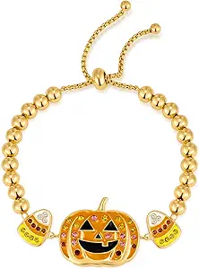 WOWORAMA Halloween Bracelets for Women Cute Halloween Pumpkin Bracelets Adjustable Slider Beaded Bangle Bracelet Crystal Candy Corn Pumpkin Charm Bracelets Happy Halloween Jewelry