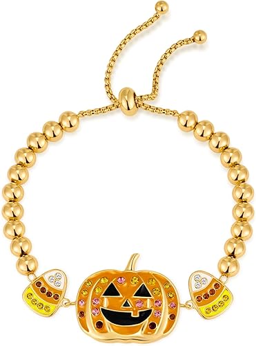 WOWORAMA Halloween Bracelets for Women Cute Halloween Pumpkin Bracelets Adjustable Slider Beaded Bangle Bracelet Crystal Candy Corn Pumpkin Charm Bracelets Happy Halloween Jewelry