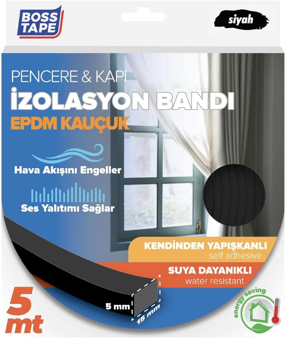 Boss Tape EPDM Kauçuk Pencere Kapi Izolasyon Bandi, 5mm X 15mm X 5mt Boyut, Siyah