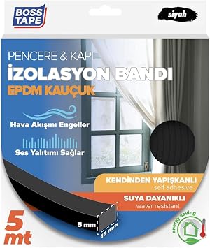 Boss Tape EPDM Kau uk Pencere Kapi Izolasyon Bandi, 5mm X 15mm X 5mt Boyut, Siyah
