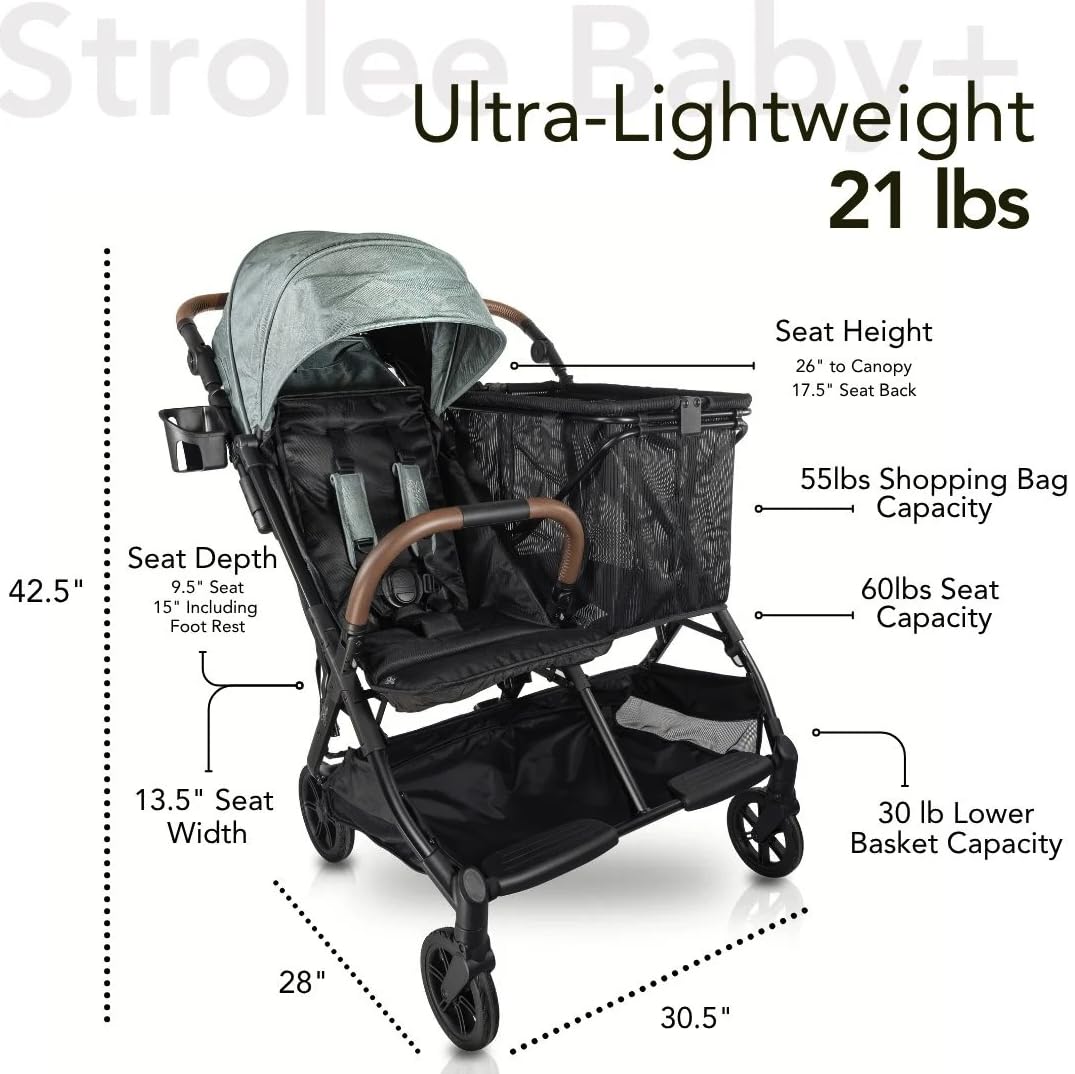 Strolee Baby+ v2 Multi Use Baby & Toddler Stroller & Removable Personal Shopping Bag Lightweight Alternative for Wagon Strollers -Near Flat Recline, X-L Canopy, Parent Cup Holder (v2 Black)
