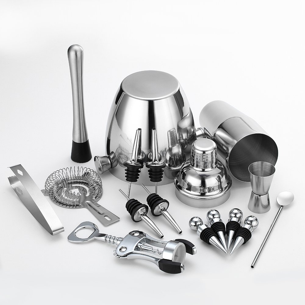 Professional Vino e Cocktail Mixing Bar Set by, Large 25 oz. Shaker in Acciaio Inossidabile, Secchiello per Il Ghiaccio, pestello, Doppio Jigger, 4 Liquor Bottle Pourers, Strainer, Filtro Conico