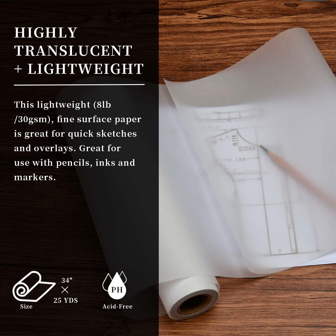 SEMLEART Ar's Transparentpapierrolle, 14,5 kg/50 g/m², 25,4 cm x 22,7 m, durchscheinendes Transparentpapier für Bleistift, Marker und Tinte, Zeichnen, Zeichnen, Zeichnen