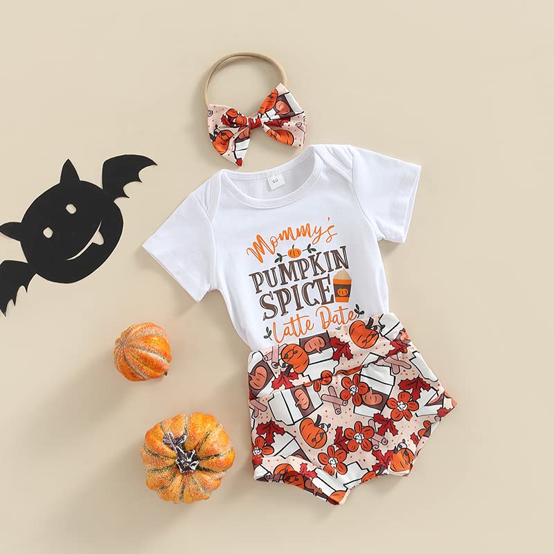 LXXIASHI 3Pcs Infants Baby Girls Halloween Outfit, Short Sleeve Pumpkin Letter Romper + Bloomers Shorts + Headband Set (White Letter, 3-6 Months)