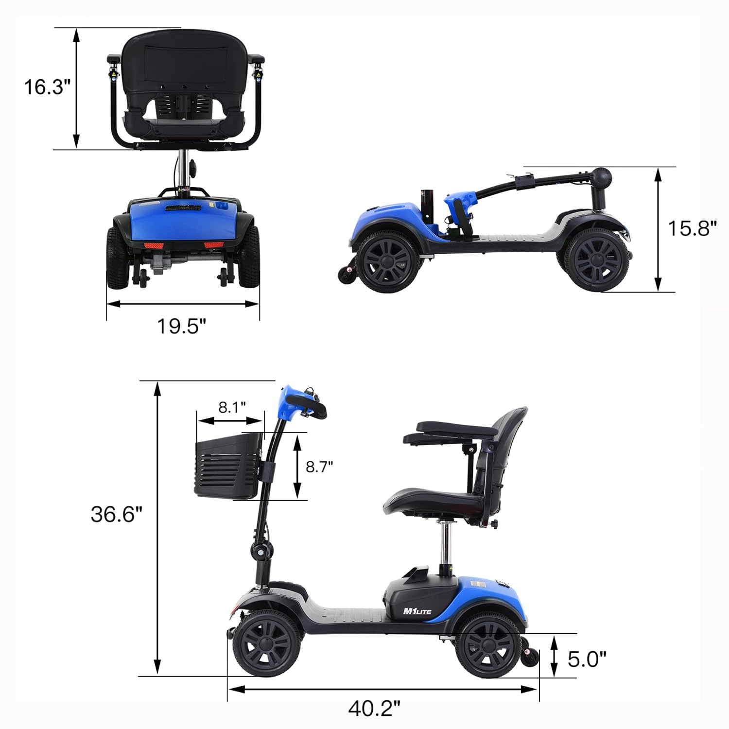 4 Wheel Mobility Scooters for Seniors-Electric Scooter Adults with Big seat-Wheelchair Long Range Power Extended Battery-12V20AH*2pcs/Charger 300 lbs Foldable Scooter -Blue