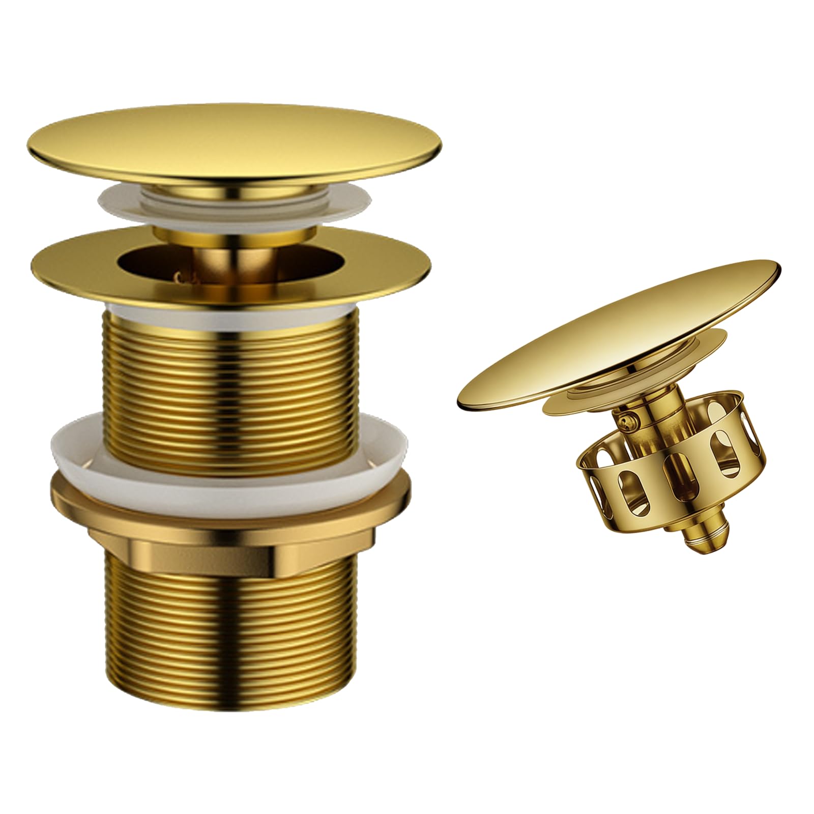 Bonde de Lavabo Pop Up sans Trop Plein, Mécanisme Click Clack et Panier Filtre, Finition Laiton Doré Antique, pour Lavabo de Salle de Bain et Bidet, Universal G1 1/4 Pouce