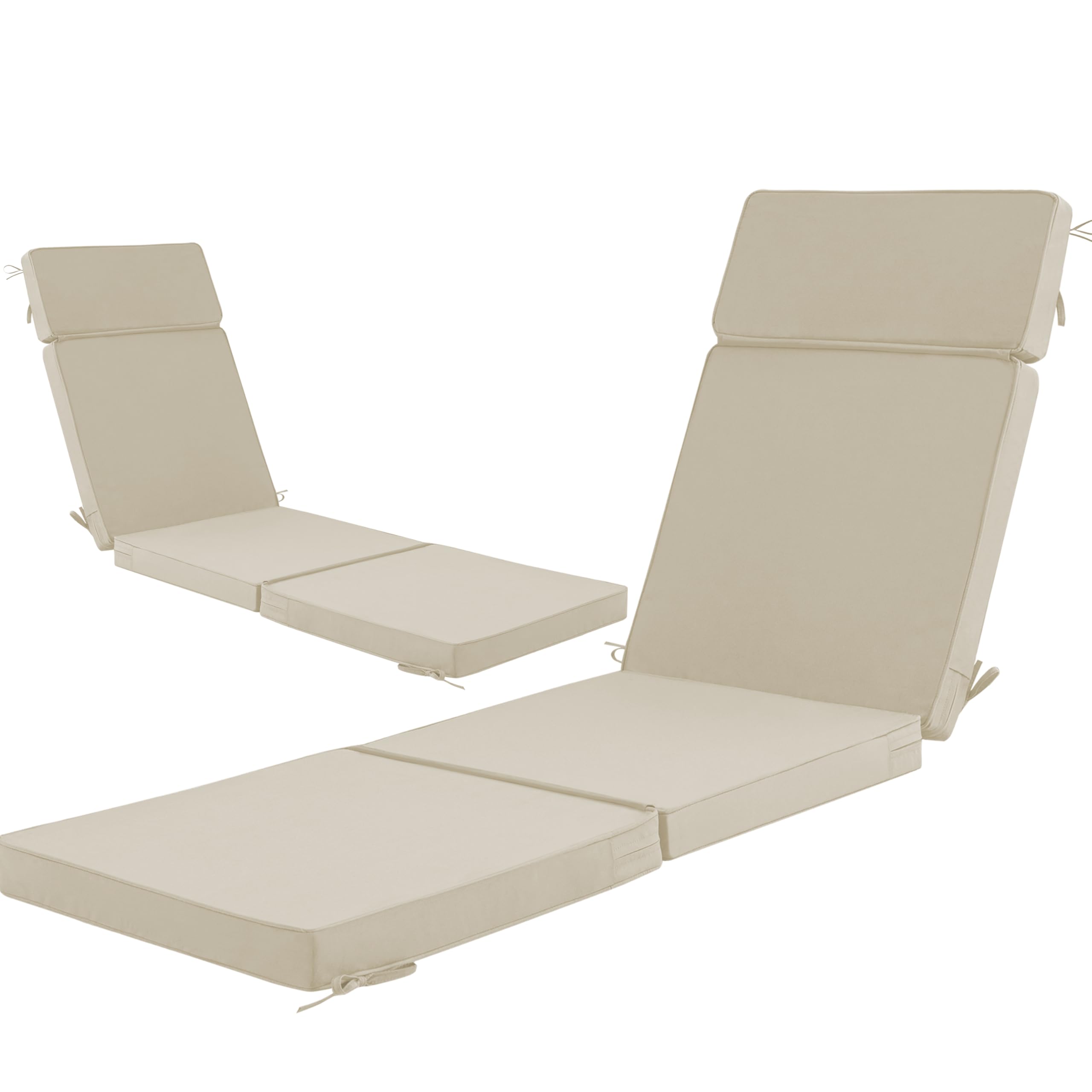 Photo 1 of Honorbox 80 x 26 Inch Outdoor Chaise Lounge Cushions Set of 2 - Removable Cover, 4-Section Design, Water-Repellent & Fade-Resistant, 6 Tie Straps, Replacement for Patio & Pool Chairs - Cream