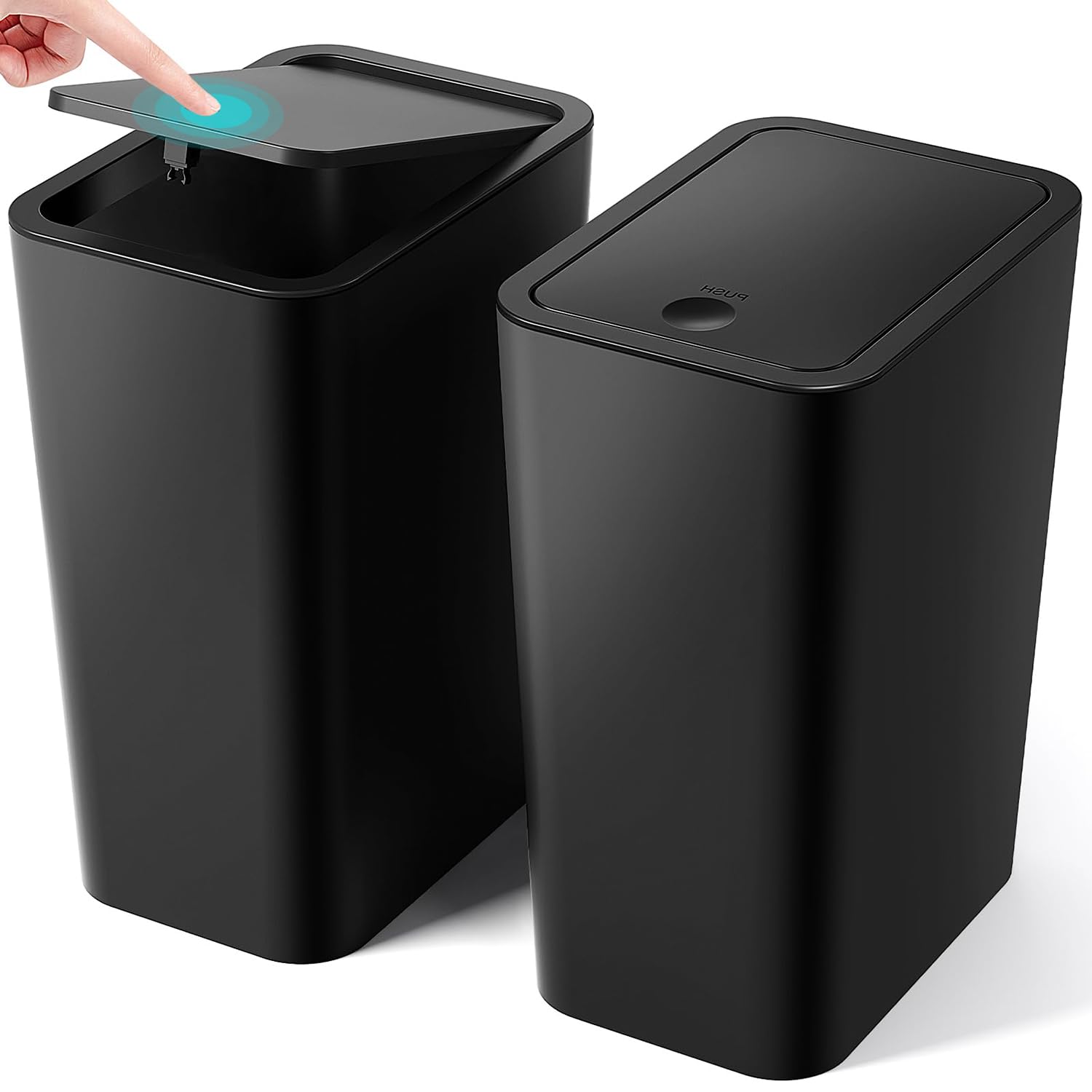 2 Pack Slim Bathroom Bin with Lid, 10L Bedroom Bin with Pop-Up Push-Button Lid Small Thin Plastic Bins, Narrow Trash Can Anti-Odour Pet Proof Waste Basket for Toilet,Kitchen,Living Room,Office
