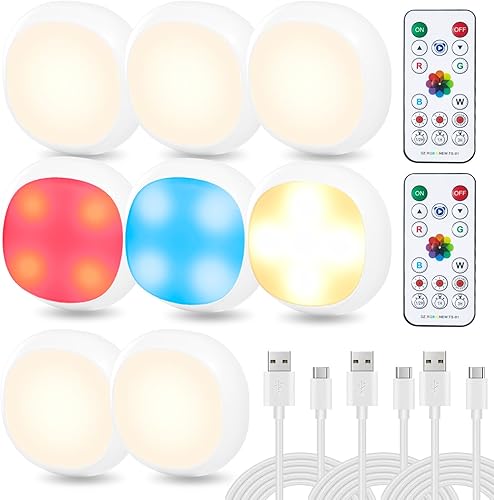 GANA Iluminación para debajo del gabinete, luces LED inalámbricas RGBW con control remoto, luces de contador de grifo recargables USB-C, atenuadores