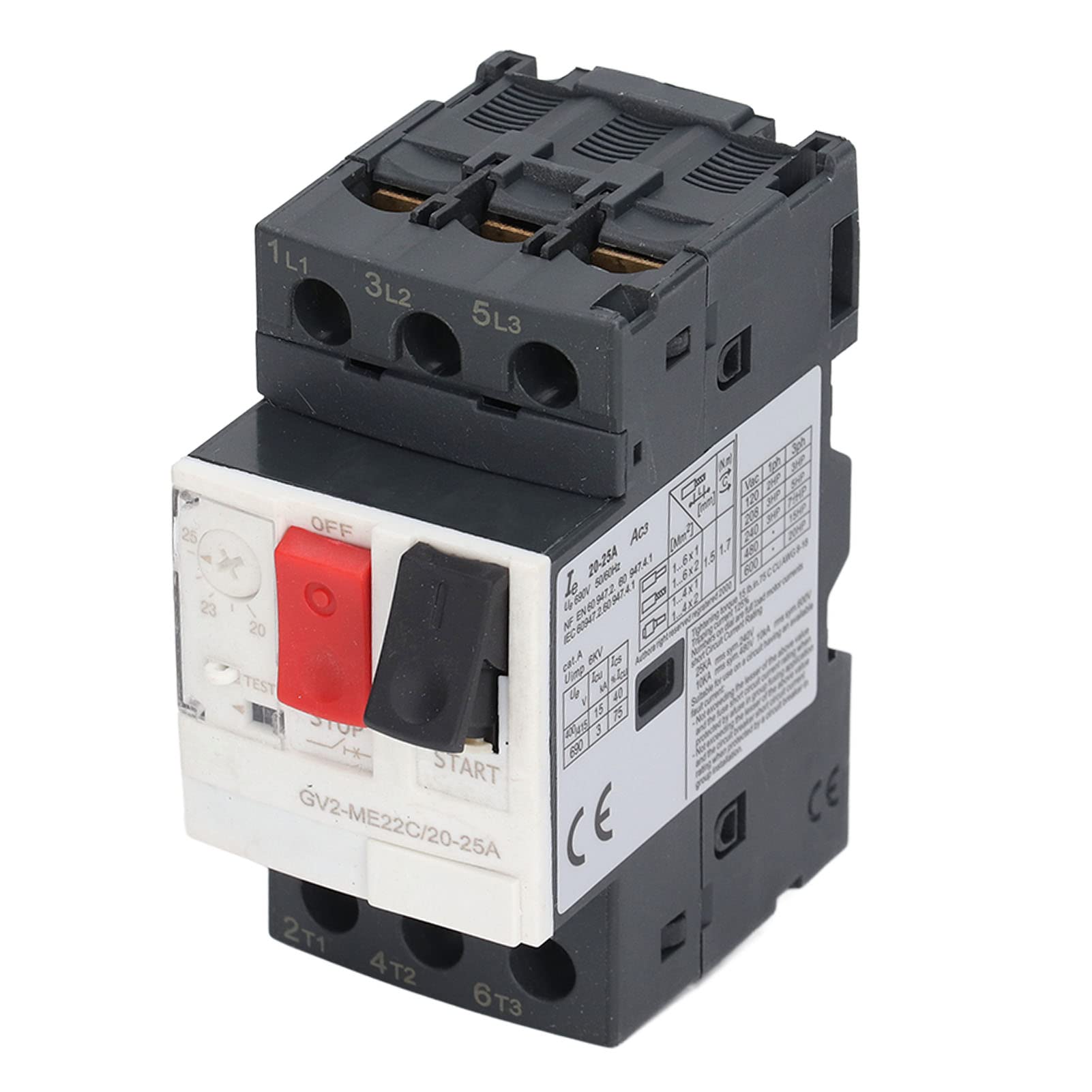 Disjoncteur Moteur, Protecteur de Circuit Moteur Triphasé 3P Interrupteur de Protection Contre Les Surcharges Bouton de Démarrage Manuel Du Moteur Sur Rail Din Ac 690V Gv2-Me22C, 3P, 20-25A