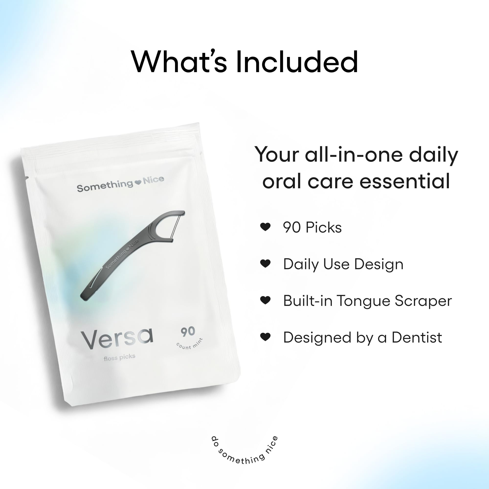 SOMETHING NICE Versa Floss Picks - Hilo dental doble fresco de menta para mayor resistencia con sabor a menta, palillos de hilo dental con raspador de lengua, hilo dental con xilitol para una mayor