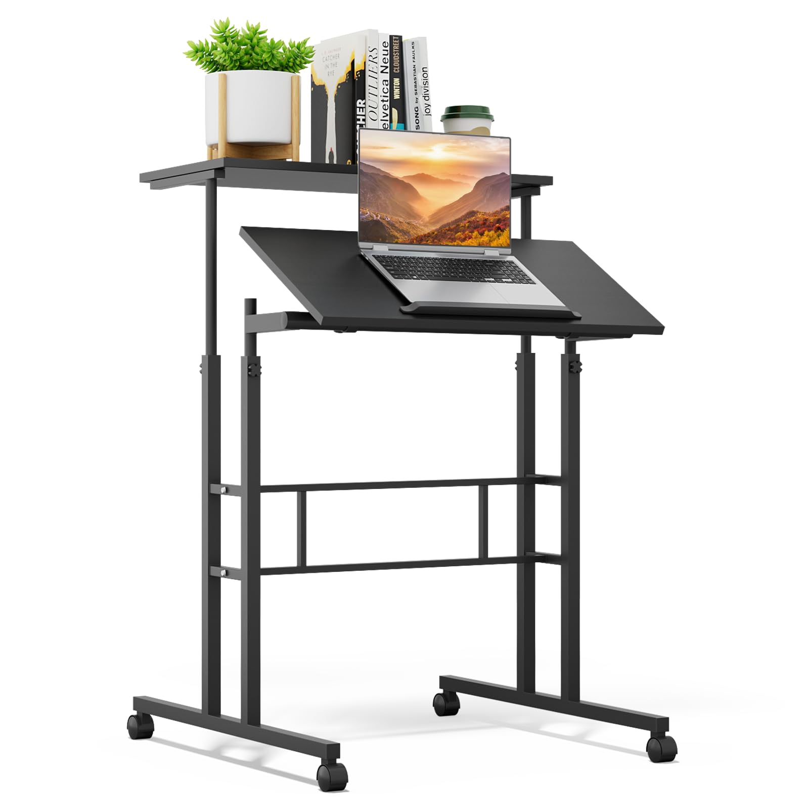 Athena Collection Height Adjustable Rolling Desk Mobile Portable Laptop Stand Cart Small Sit Standing Desk Computer Table Workstation for Home Office,