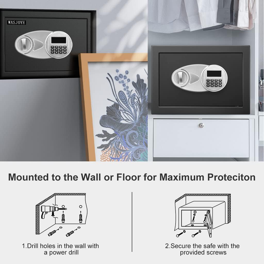 WASJOYE 1.0 Cub Safe Box, Digital Steel Security Safe with Electronic Keypad Combination Lock and Removable Shelf, Solid Alloy Safe for Home Office Hotel Money Jewelry Document Valuable Protect