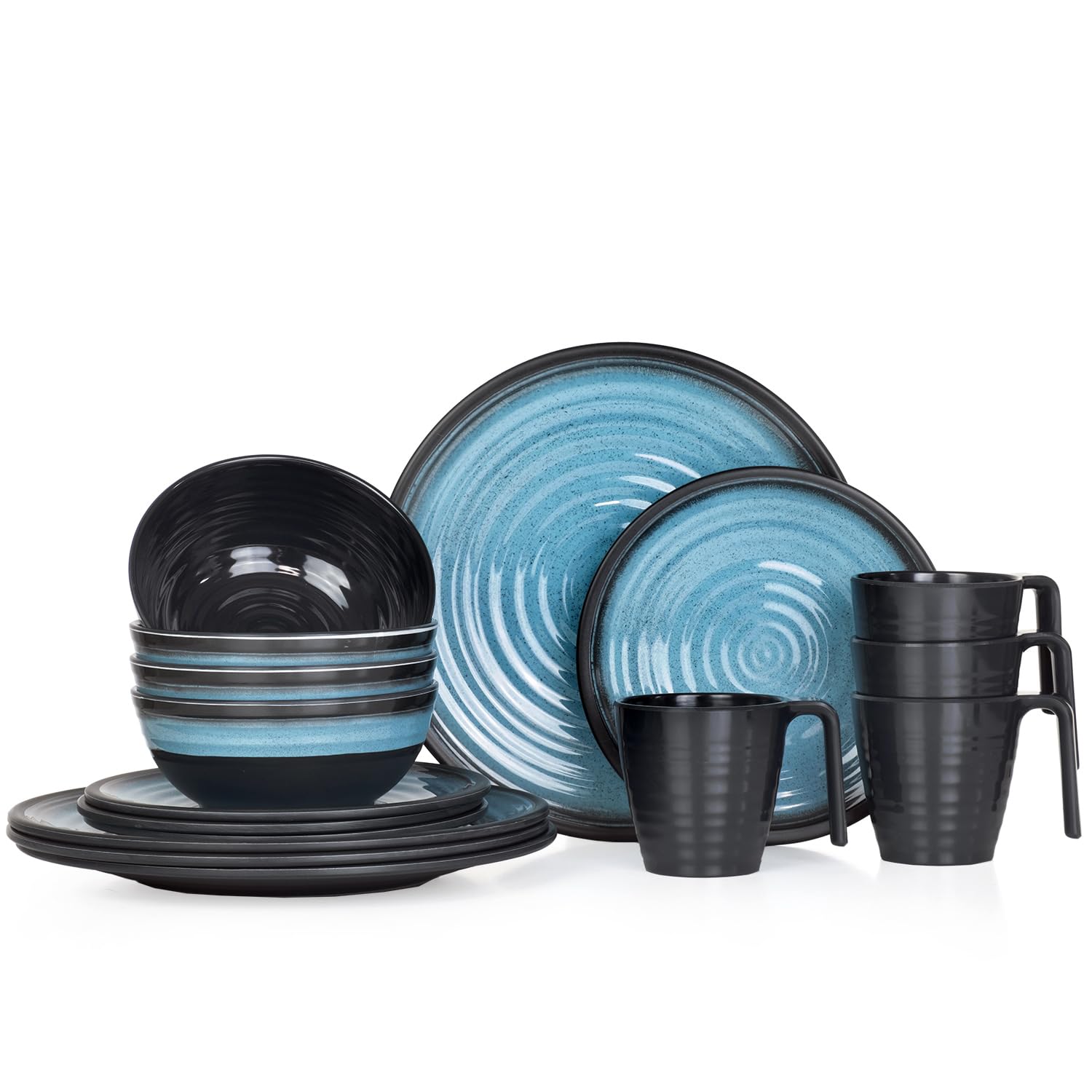 Juego de vajilla de melamina para camping, 4 personas, color azul piedra + 4 tazas de piedra tazas de café, vajilla de pícnic, barbacoa