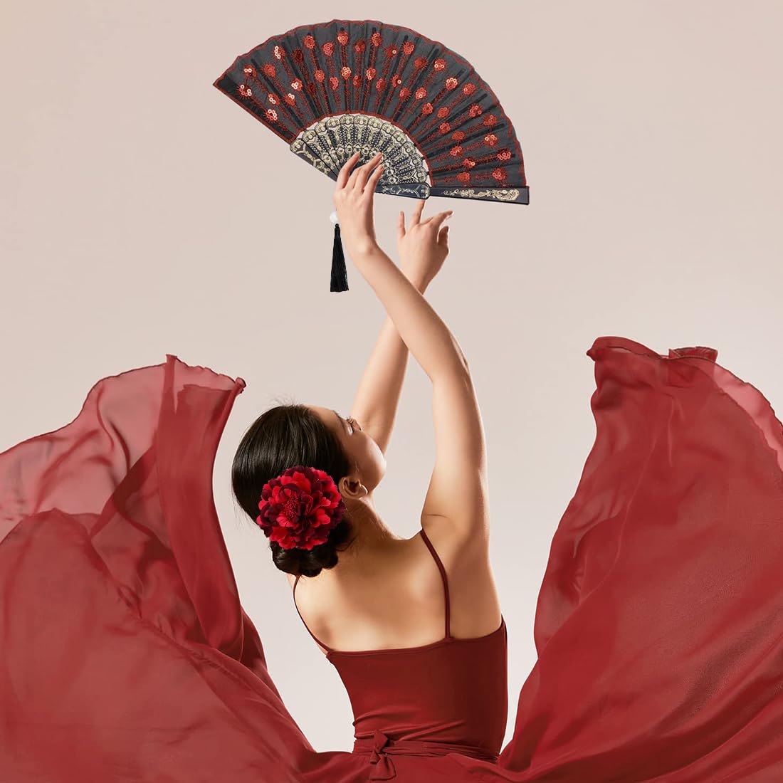 Horquillas flamenco flores artificiales peonias rojas abanico grandes pelo grueso fino playa mujeres niñas