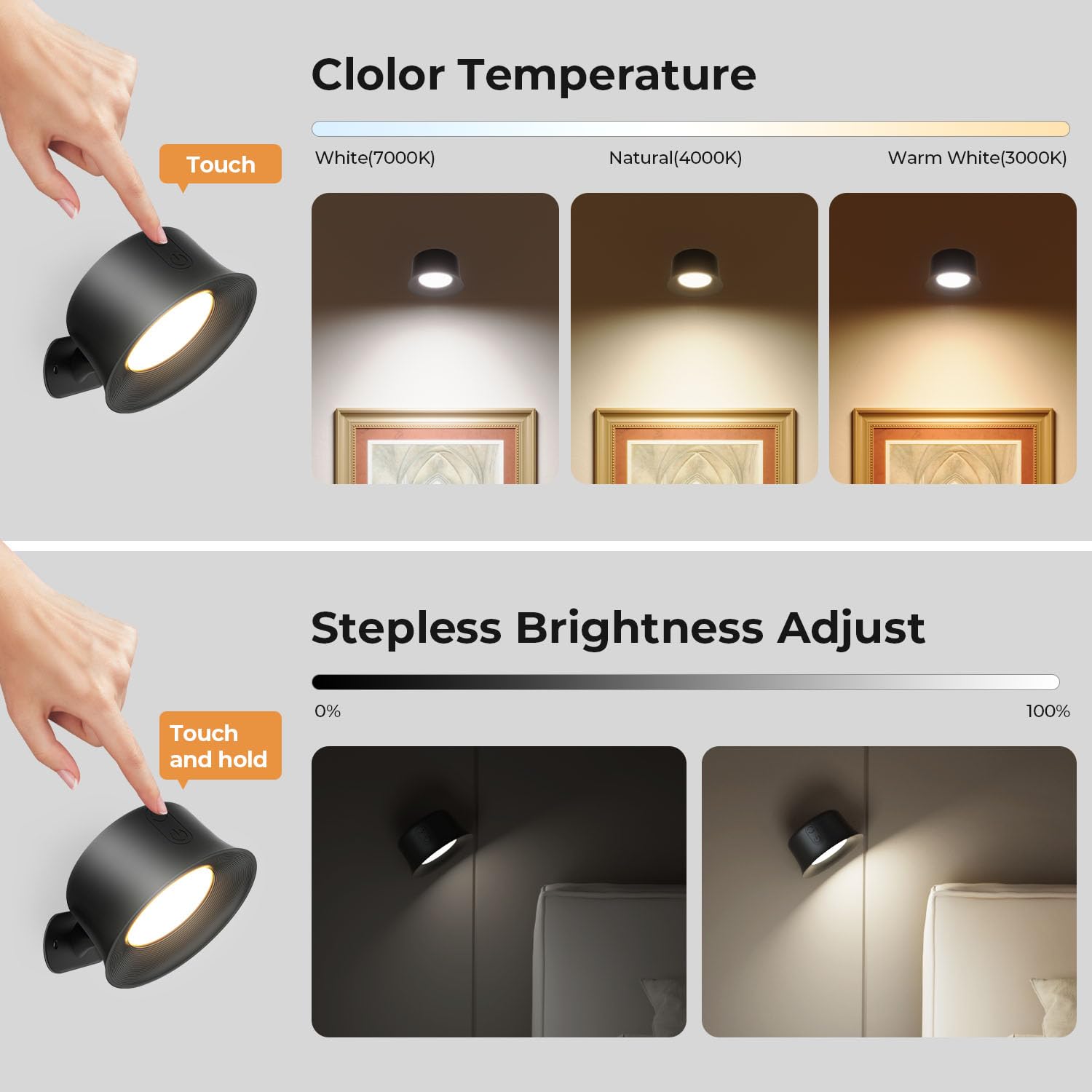 FULEN Applique Murale Interieur, Lampe Murale LED Rechargeable avec Télécommande ou Tactile, 3 Températures de Couleur et Luminosité Réglable, Lampe Murale sans fil pour Chevet de Chambre En Lisant