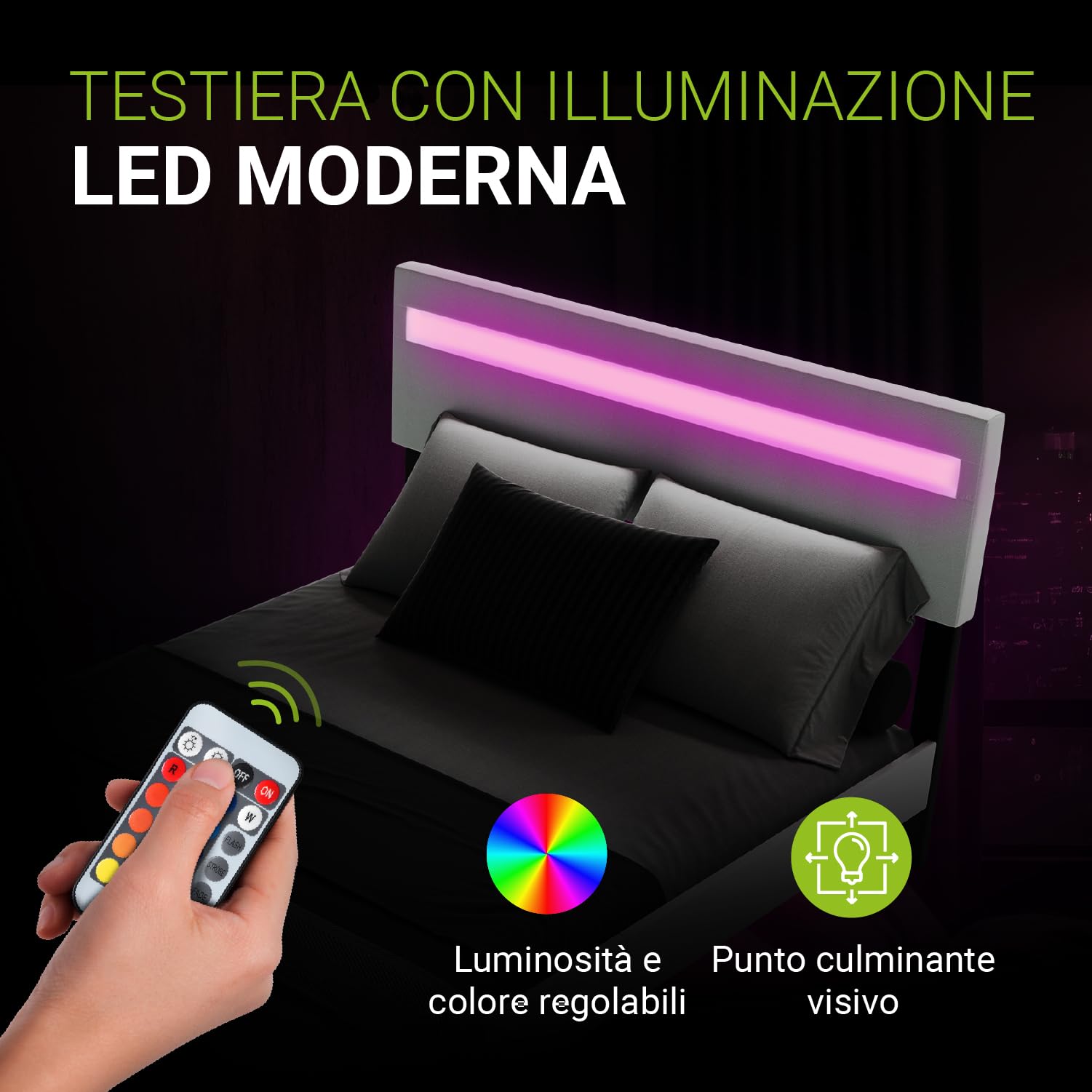 Juskys Letto sospeso Lissabon 140x200 cm con LED, rete e testiera – Design moderno in legno e similpelle – Matrimoniale – Colore bianco