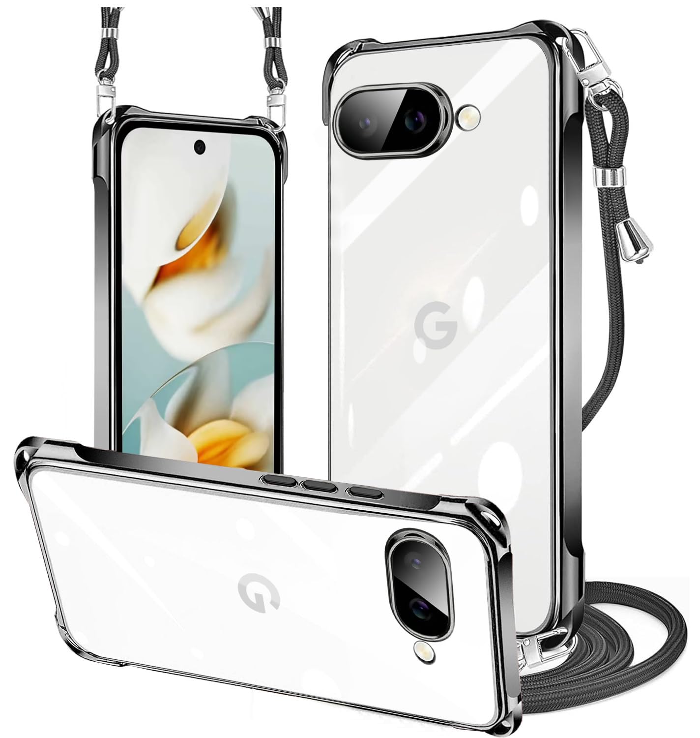 PAILAIMEN Google Pixel 9a ケース クリア ネック ショルダー pixel 9a ケース 耐衝撃 対応 ピクセル9a スマホケース 肩掛け 斜めかけ 縄掛け カバー メッキ加工 透明 TPU 薄軽型 ストラップ付き 携帯ケース ネックストラップ ショルダー 肩掛け 長さ調整可能 取り外し可能 落下防止 擦り傷防止（ブラック）