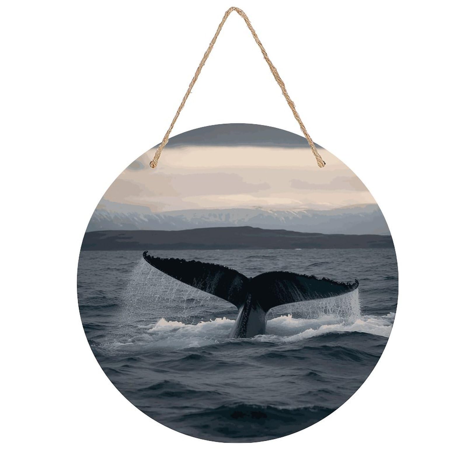 FekiLoot Humpback Whale Tail Ocean Wall Art Decor Round Wood Hanging Sign Decoration Wooden Circle Door Sign Round Hanging Decorative Wood Plaque Door Hanger for Home Outdoor Indoor Decoration