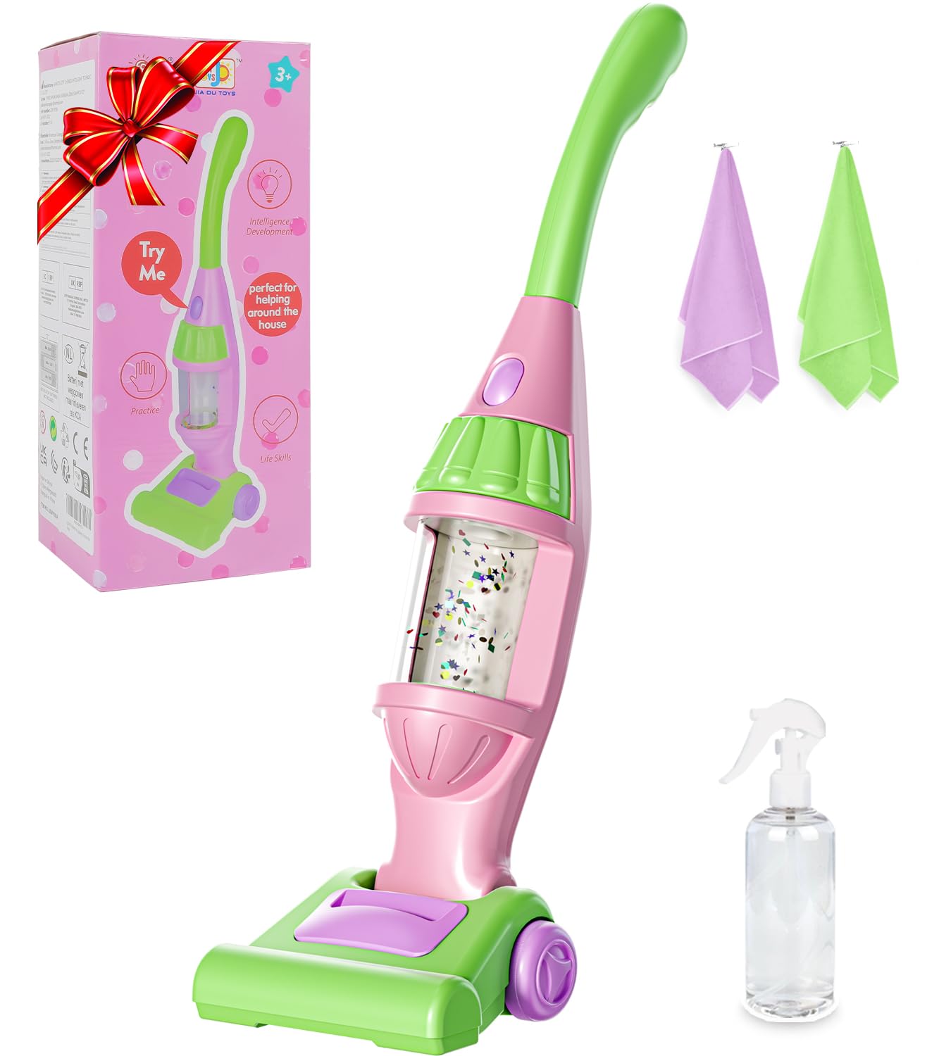 Toddler Vacuum Toy that Works with Lights &amp; Sounds, Pretend Play Toy Vacuum for Toddlers 3-5 Years Old, Baby Vacuum for Boys, Girls, Kids Vacuum Cleaner Cleaning Toys with Spray Bottle, 2 Towels