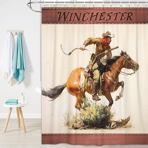 JAWO Juego de cortinas de ducha occidentales con diseño de vaquero con pistola a caballo, retro, vintage, decoración de baño con temática del