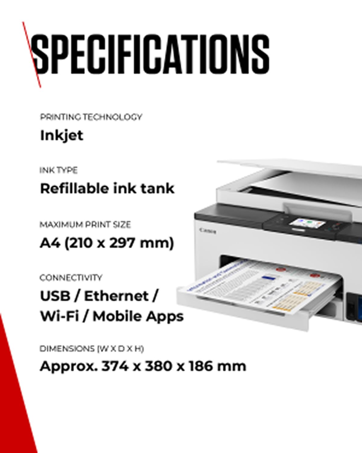 Canon MAXIFY GX1050 Ad inchiostro A4 600 x 1200 DPI Wi-Fi (Wi-Fi, print, scan, copy and cloud 15ppm [mono], 10ppm [colour] 250 sheet cassette Refillable ink tank USB, dual band wi-fi and ethernet)