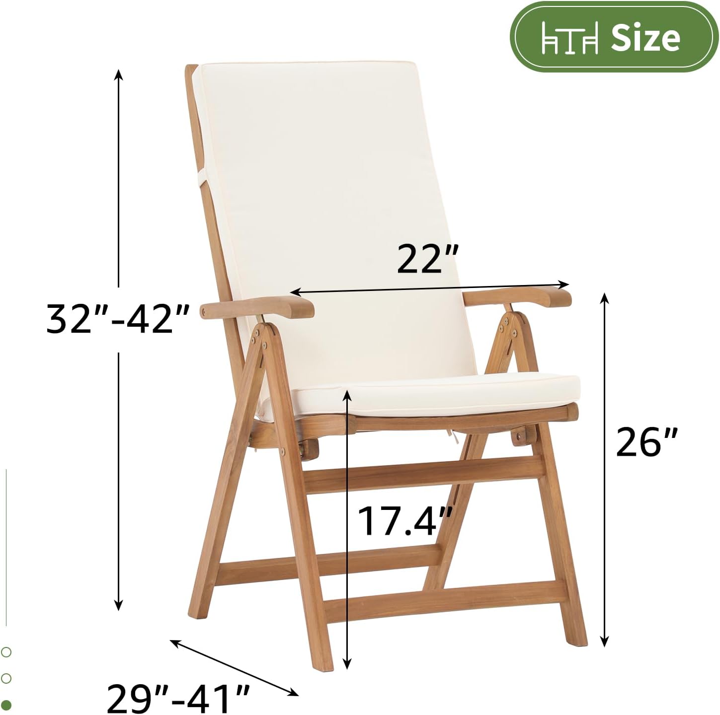 OC Orange-Casual Folding Patio Dining Chair Set of 2, Outdoor Acacia Wooden Reclining Chair w/Armrest & Removeable Cushion, Solid Wood, for Porch, Backyard, Garden, Indoor, Beige